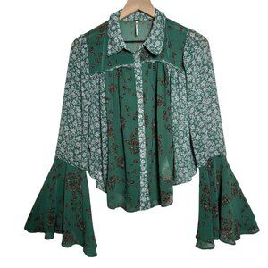 Free People Small Serena Sheer Floral Flowy Printed Bell Sleeve Blouse Emerald